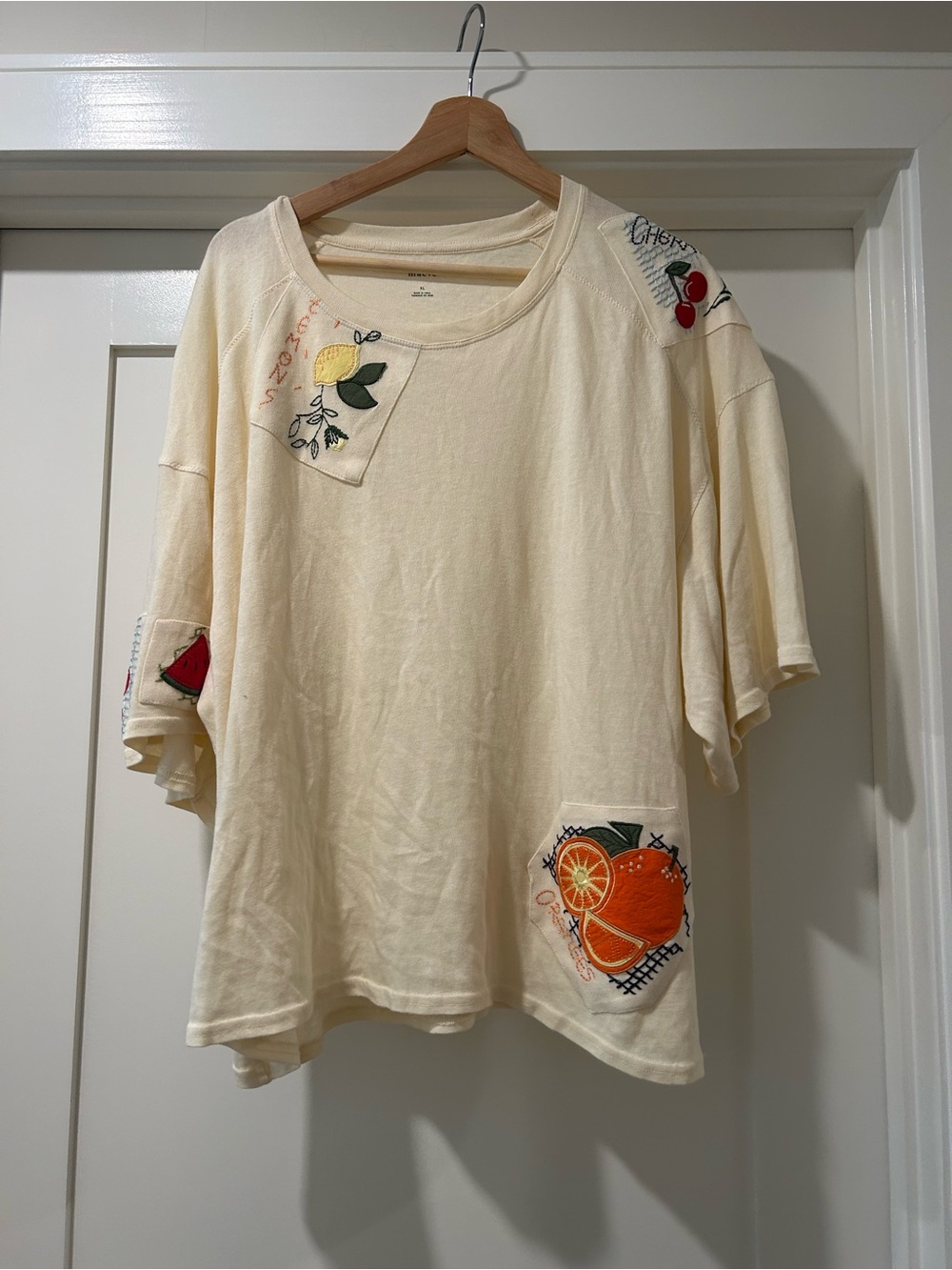 Anthropologie Maeve Cream Embroidered Fruit Patch Short-Sleeve Top